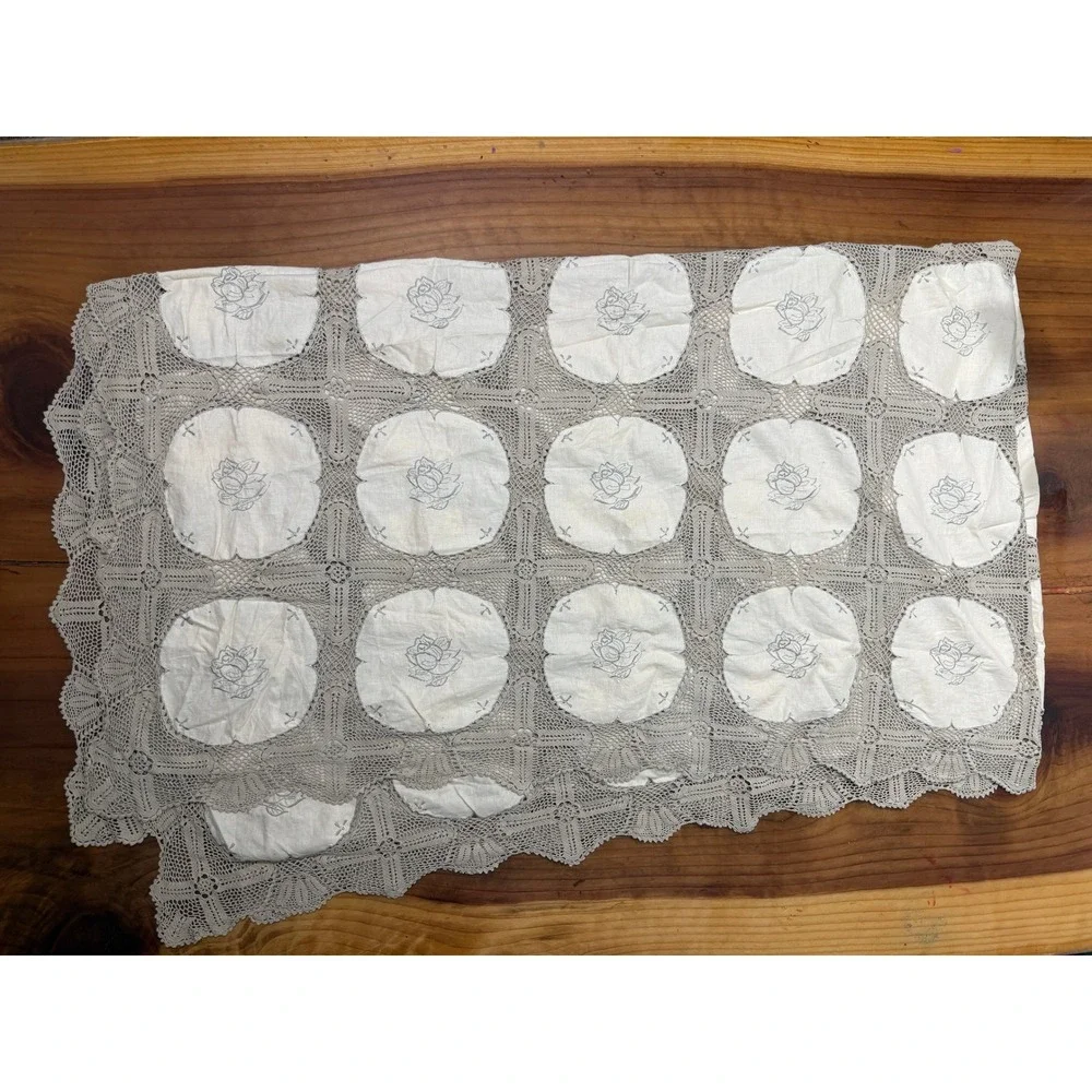 Vintage Antique Tablecloth Cotton Madeira With filet & Crochet lace LINEN E3-5